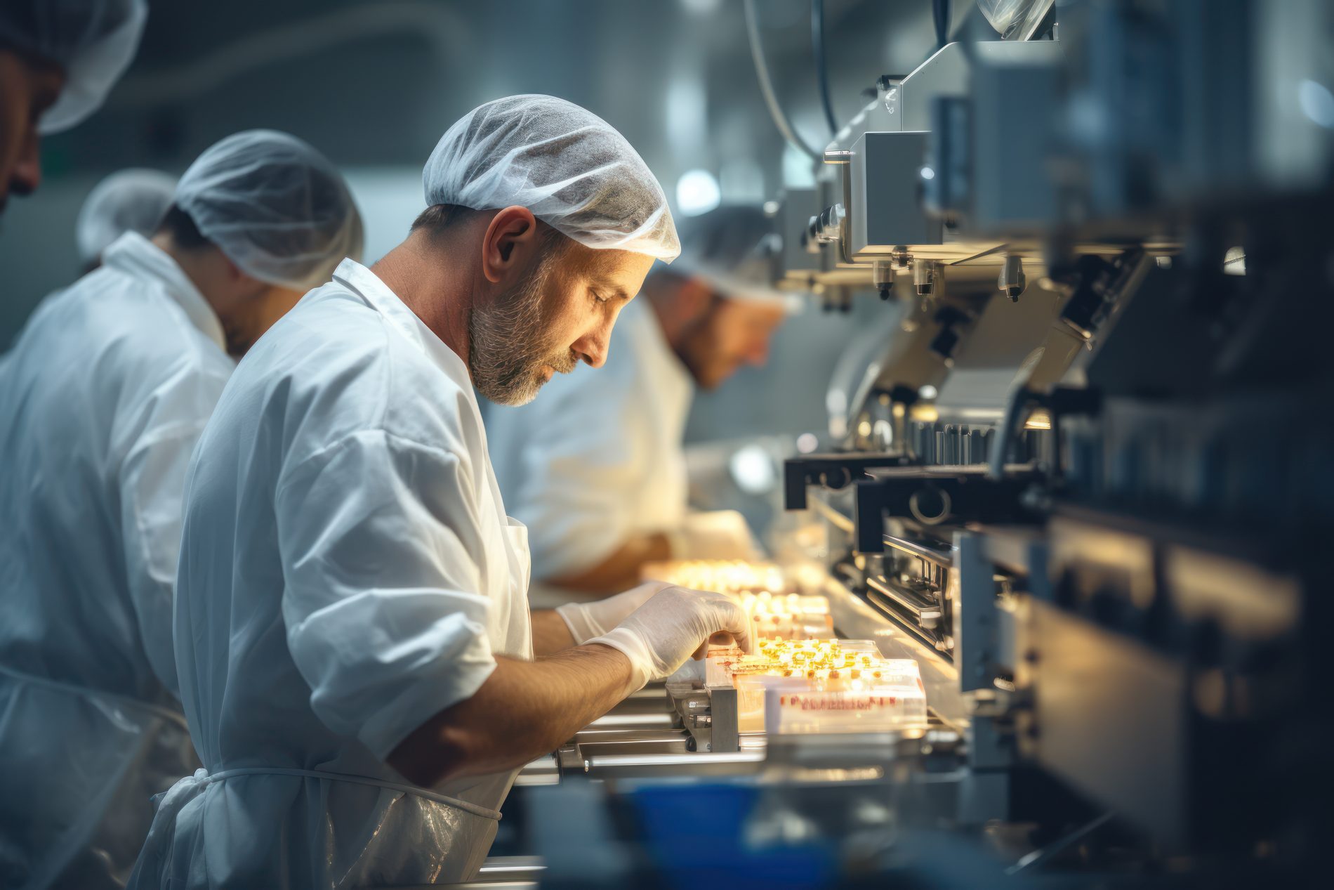 Workers in a bustling food processing plant, packaging and labelling products for distribution.
